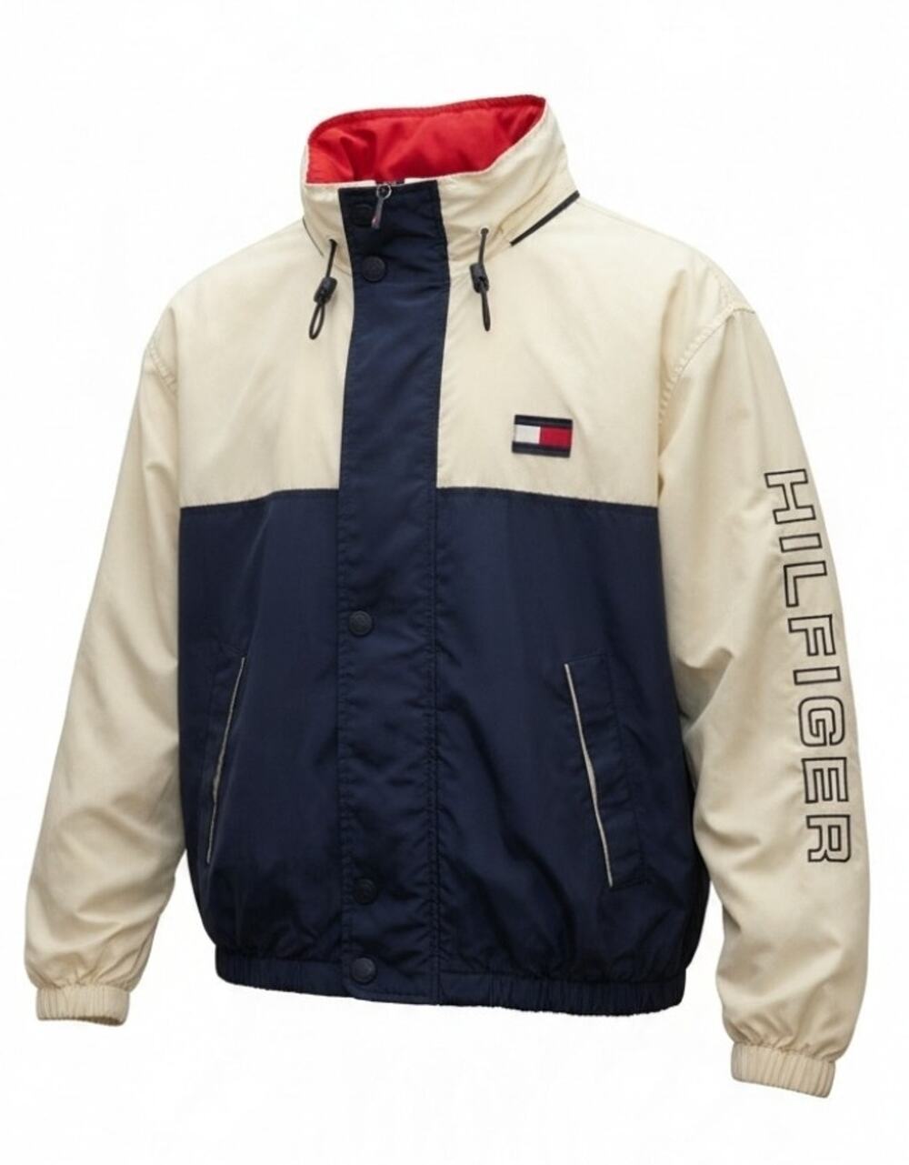 Vintage 90s Tommy Hilfiger Spellout Windbreaker Jacket Navy Cream Red Men's L